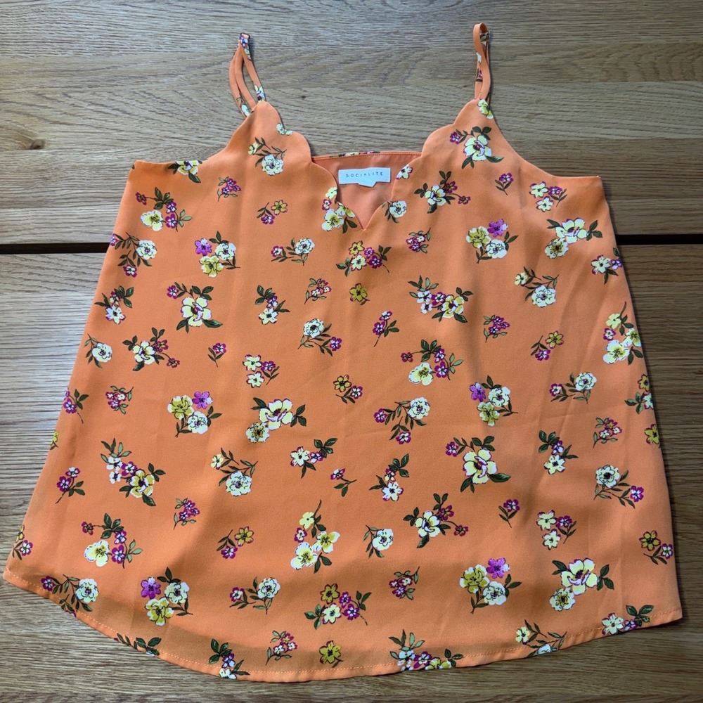 Socialite Orange Floral Scalloped V-Neck Camisole Adjustable Straps Size M